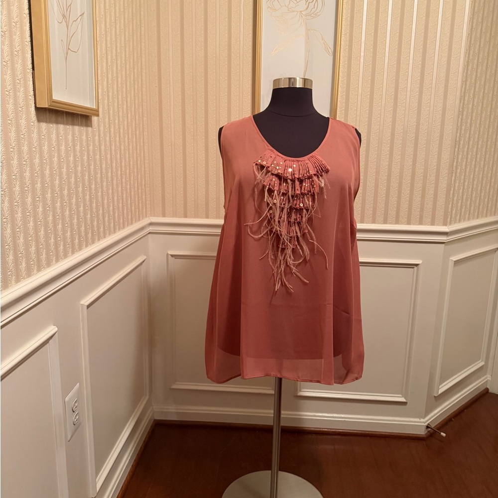 Denim 24/7 Feather-Trim Sheer Tank Top in Mauve